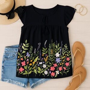 Old Navy | Black Floral Tassel Tie Top